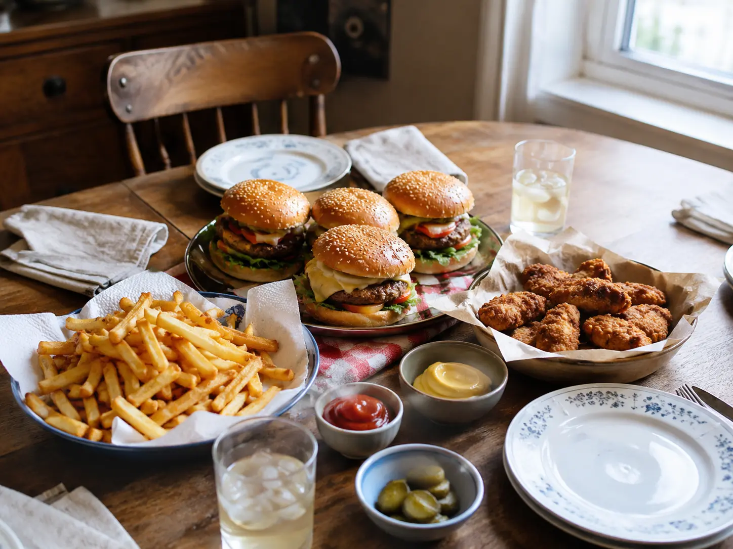 Homemade fast food-style family meal on a kitchen table