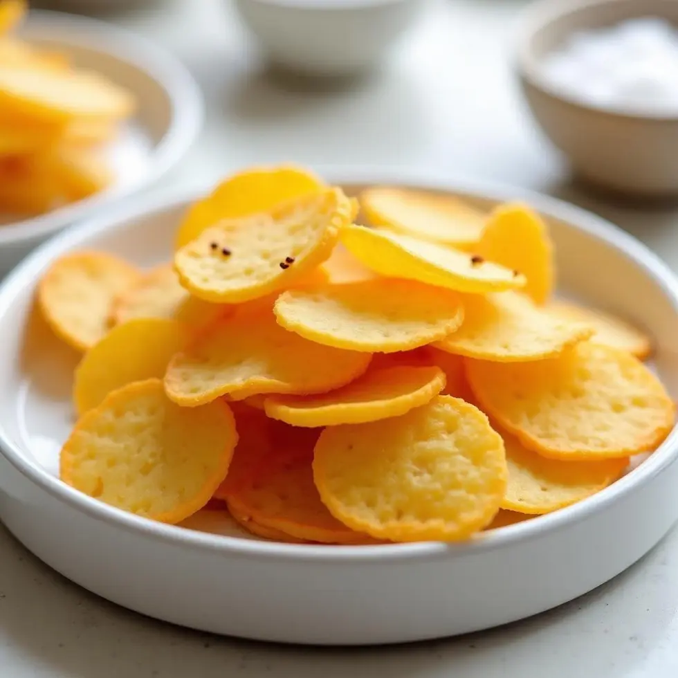Golden crispy air fryer potato chips piled on a white plate with sea salt