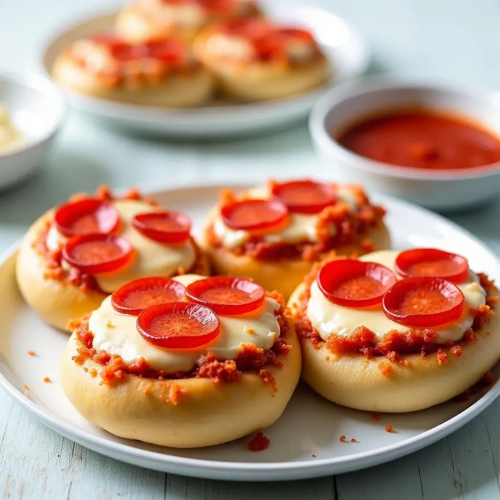 Air fryer pizza bagels with melted cheese and pepperoni on a white plate
