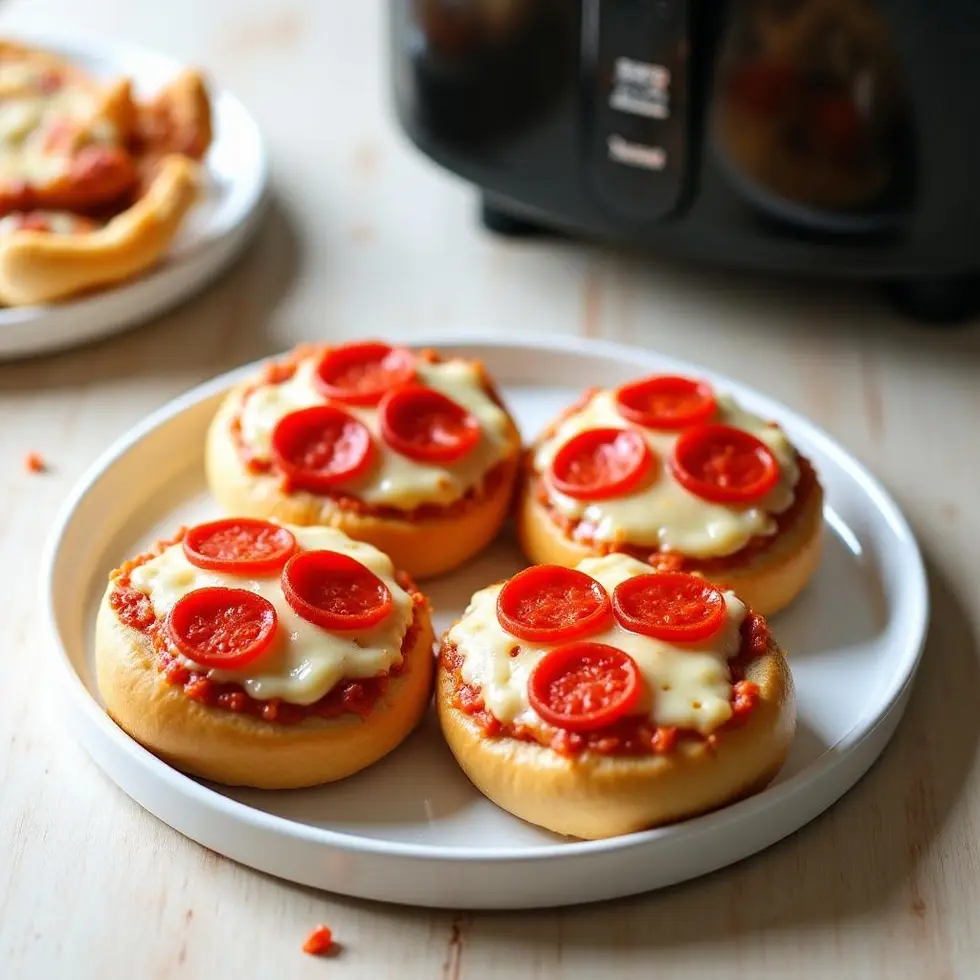 Air fryer pizza bagels with melted cheese and pepperoni on a white plate