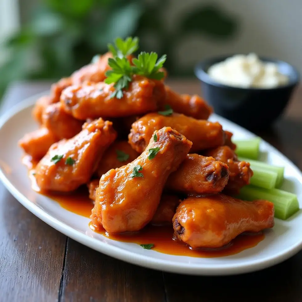 Crispy air fryer chicken wings tossed in buffalo sauce on a white platter with celery sticks