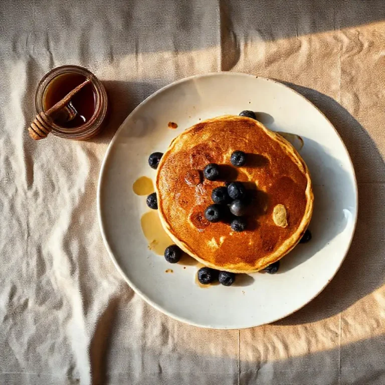 Homemade blueberry pancakes served in a cozy morning kitchen setting