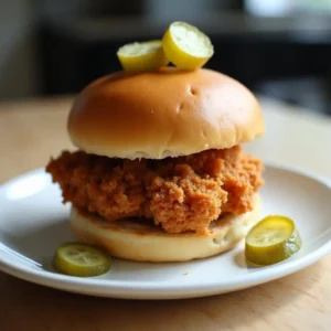 Crispy fried chicken sandwich on toasted bun with pickles, homemade Chick-fil-A copycat style