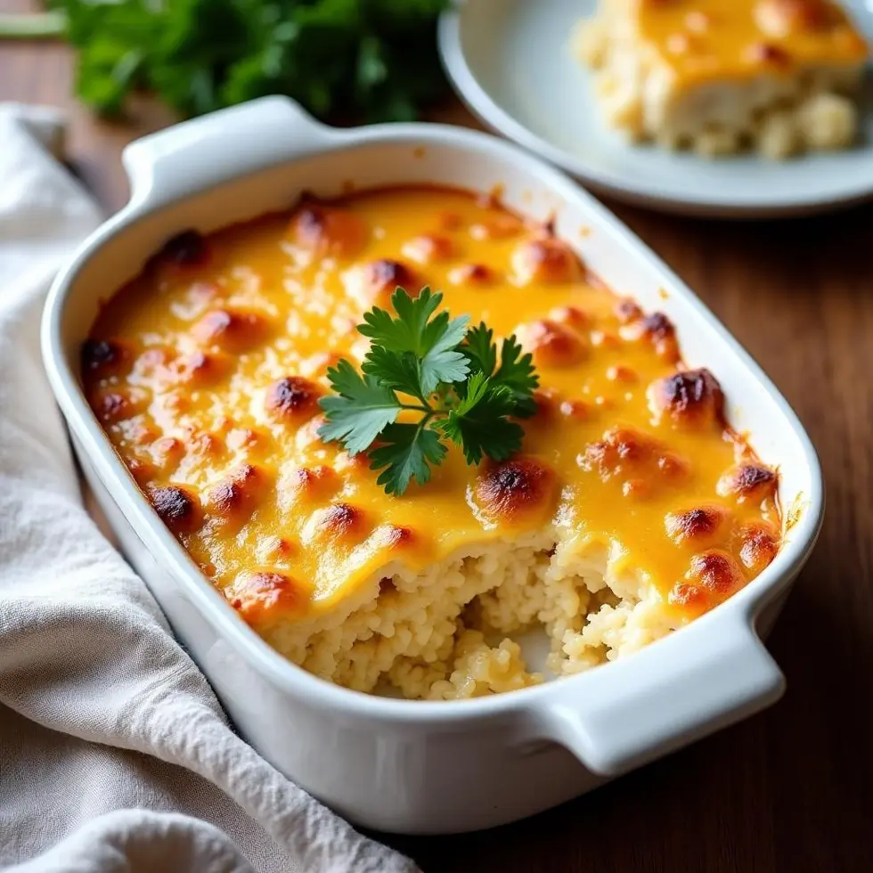 Creamy chicken bake casserole with melted cheese and tender chicken in white baking dish