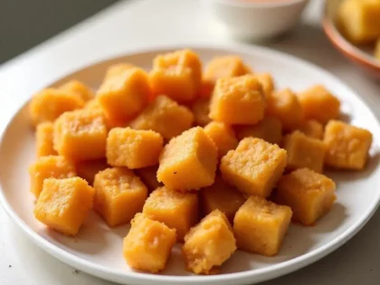 Crispy golden chicken bites on white plate with dipping sauce