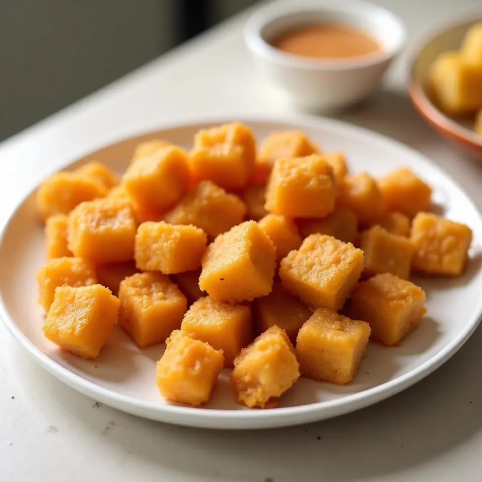 Crispy golden chicken bites on white plate with dipping sauce