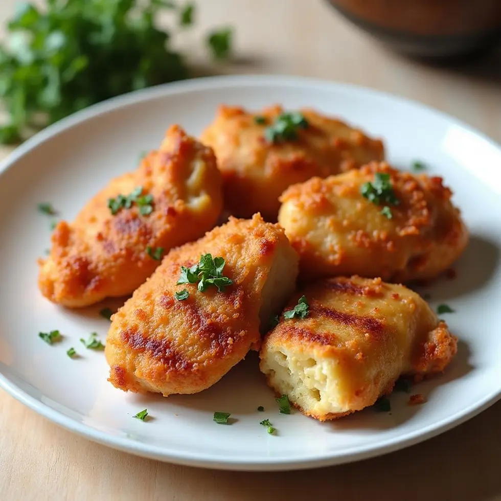 Golden air fryer chicken breast sliced to show juicy interior with crispy edges on white plate