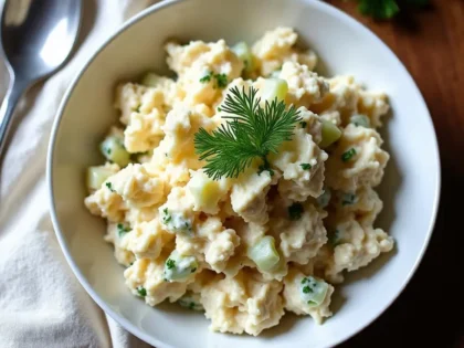 Creamy chicken salad in white bowl with shredded chicken, celery, and fresh herbs