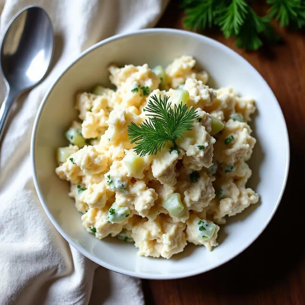 Creamy chicken salad in white bowl with shredded chicken, celery, and fresh herbs