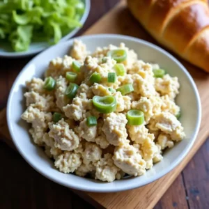 Creamy chicken salad in bowl with croissant and lettuce, Southern copycat style