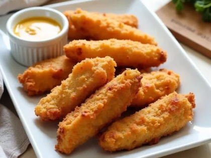 Crispy golden air fryer chicken tenders on a white plate with honey mustard dipping sauce