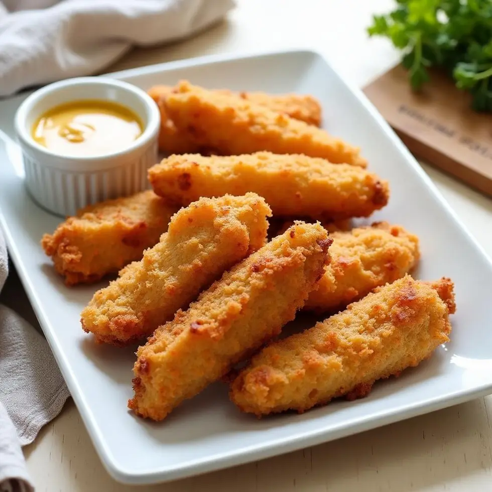 Crispy golden air fryer chicken tenders on a white plate with honey mustard dipping sauce