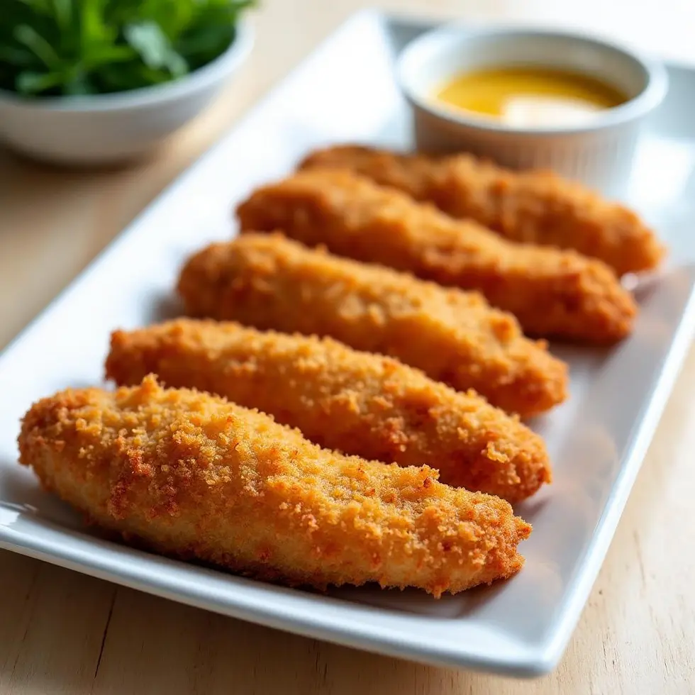 Crispy golden air fryer chicken tenders on a white plate with dipping sauce