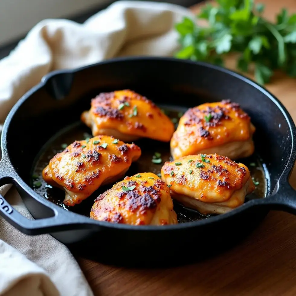 Golden seared chicken thighs in cast iron skillet with crispy skin