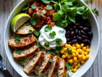 Copycat Chipotle bowl with cilantro lime rice, seasoned chicken, black beans, and fresh toppings