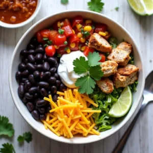 Copycat Chipotle bowl with chicken, cilantro lime rice, black beans, and fresh toppings