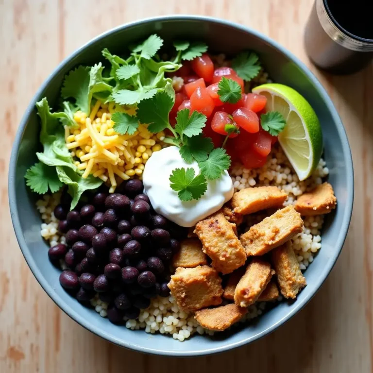 Copycat Chipotle bowl with chicken, rice, beans, salsa, and fresh toppings in a wide bowl