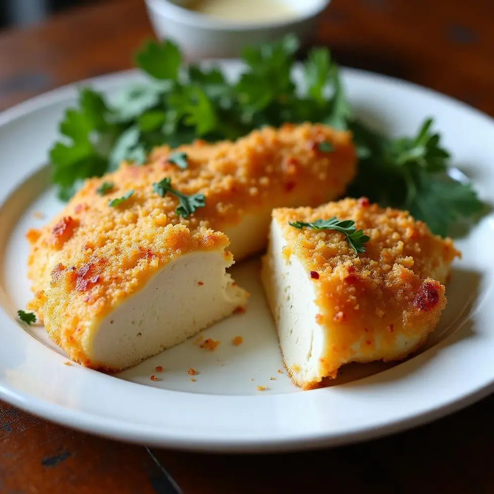 Parmesan crusted chicken breast with golden cheese crust and creamy ranch topping on white plate