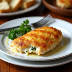 Parmesan crusted chicken breast with golden cheese crust and creamy ranch topping on a white plate