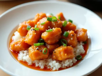Copycat Panda Express orange chicken with crispy coating in sticky sauce over white rice