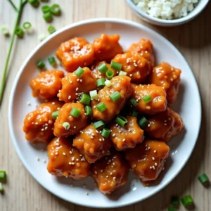 Crispy orange chicken pieces coated in glossy sauce with sesame seeds and green onions