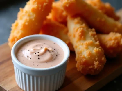 Creamy pink Raising Cane's copycat sauce in white ramekin with golden chicken tenders on wooden board