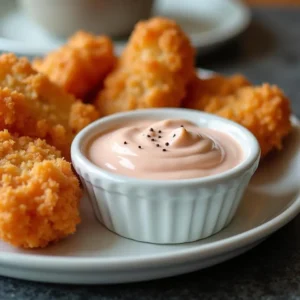 Creamy copycat Raising Cane's sauce in white ramekin with golden chicken tenders for dipping
