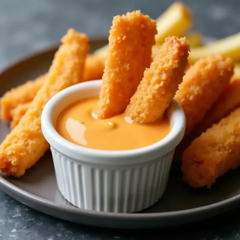 copycat raising cane's sauce recipe in a small bowl with chicken tenders and fries