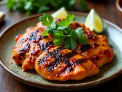 Grilled chipotle chicken with char marks, cilantro, and lime on a rustic plate
