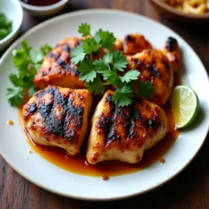 Grilled chipotle chicken thighs with char marks, sliced and garnished with cilantro and lime