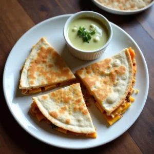Copycat Taco Bell chicken quesadilla cut into wedges with creamy jalapeño sauce
