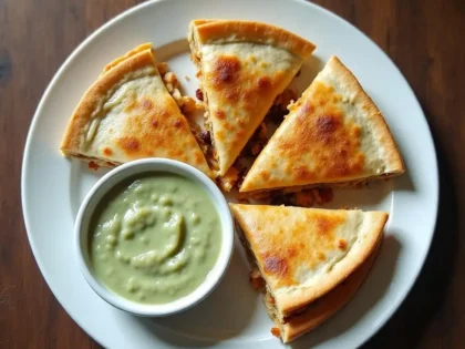 Copycat Taco Bell chicken quesadilla cut into wedges with creamy jalapeño sauce