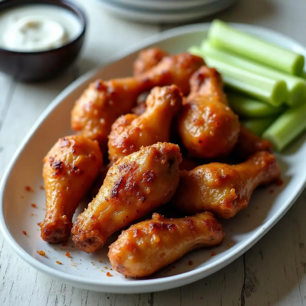 Crispy oven baked chicken wings with golden brown skin on white platter with ranch dressing