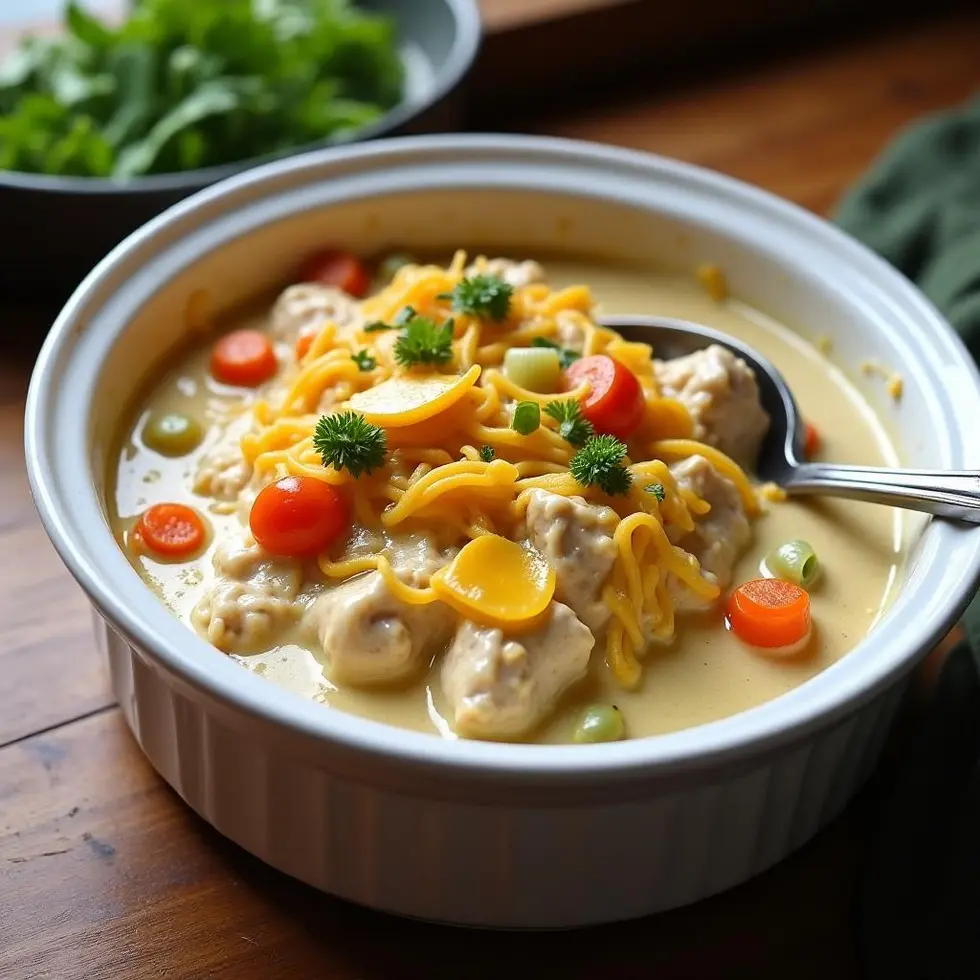 Creamy crock pot chicken casserole with melted cheese in white baking dish