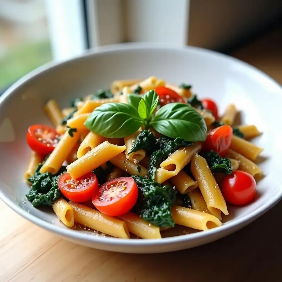 Healthy pasta bowl with whole wheat penne, cherry tomatoes, spinach, and grilled chicken in light garlic sauce