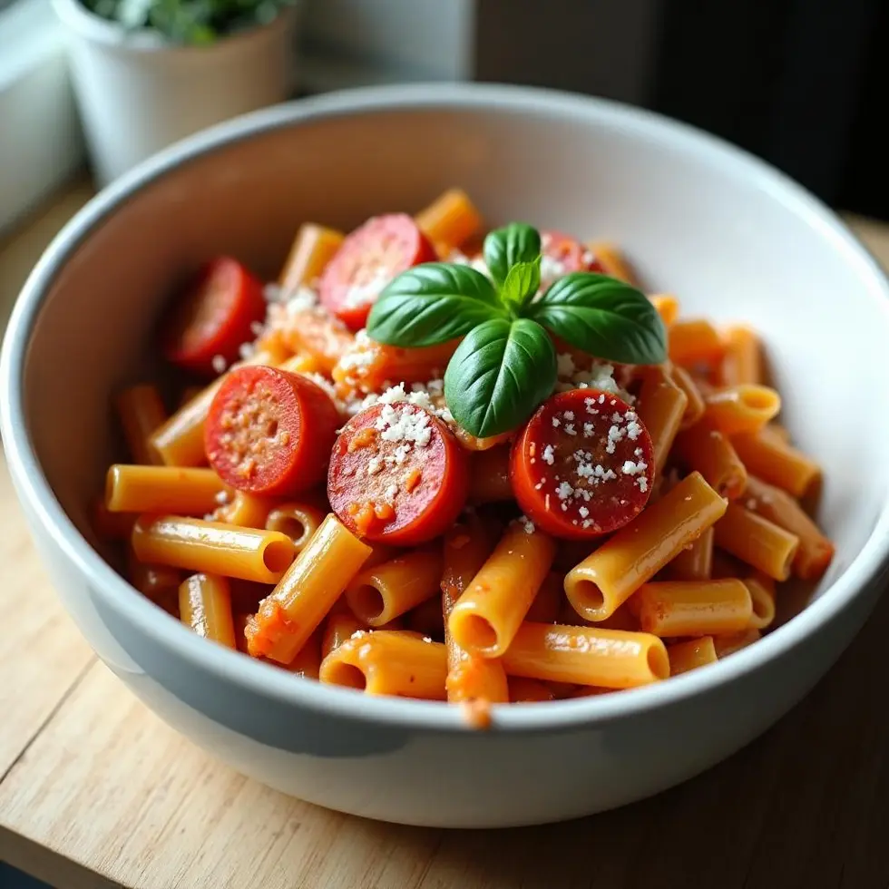 Bowl of easy sausage pasta with creamy tomato sauce and fresh basil