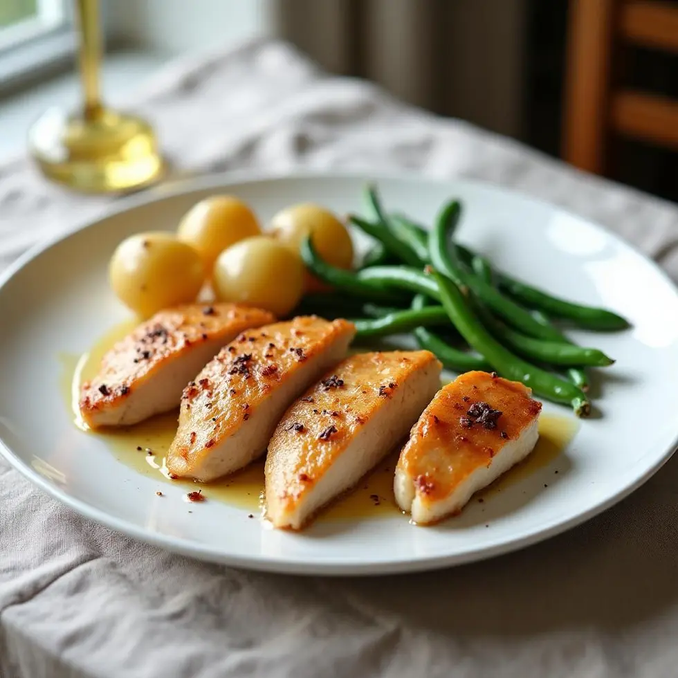 Golden pan-seared chicken breast slices with green beans and potatoes on a white plate