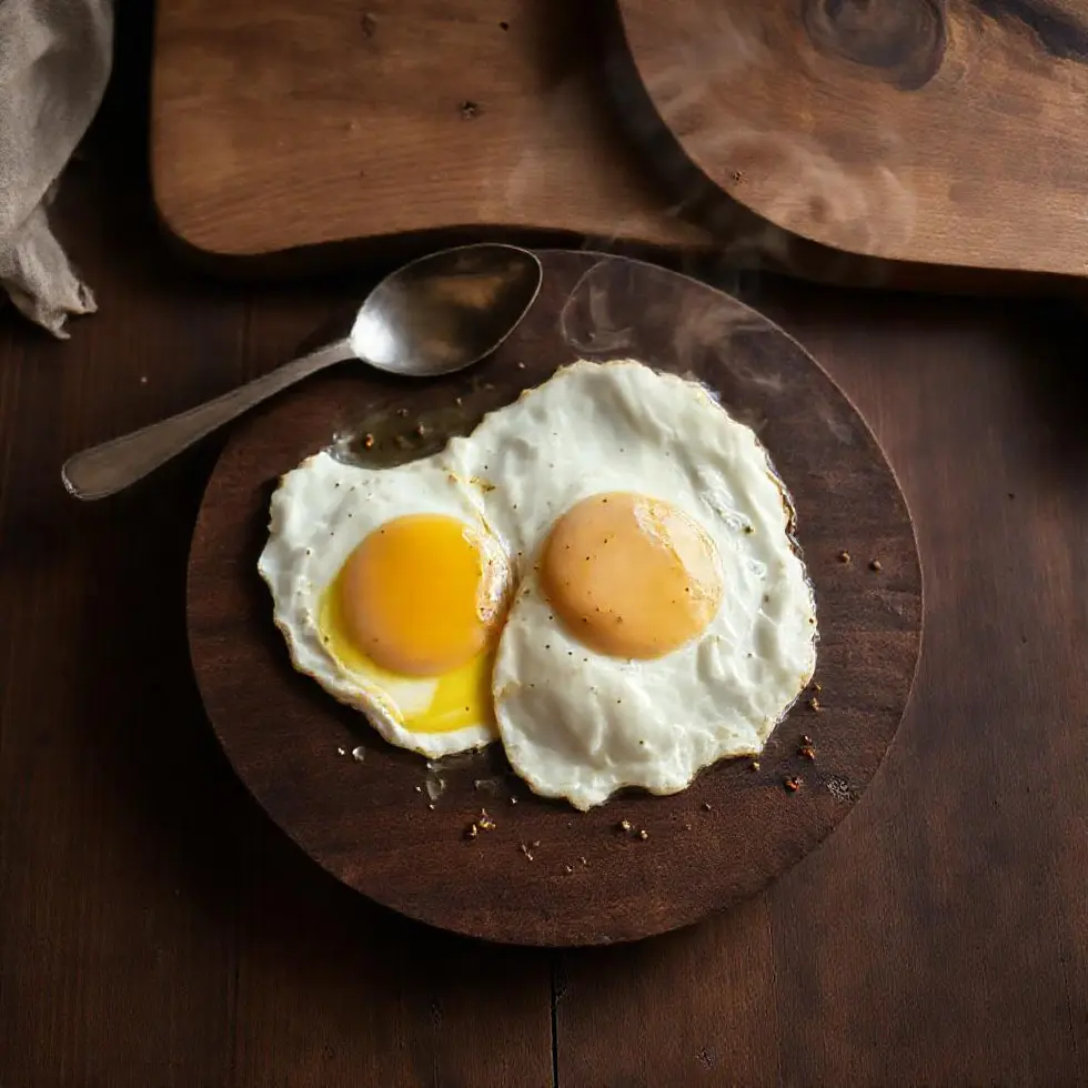 Homemade fried eggs served in a cozy morning kitchen setting