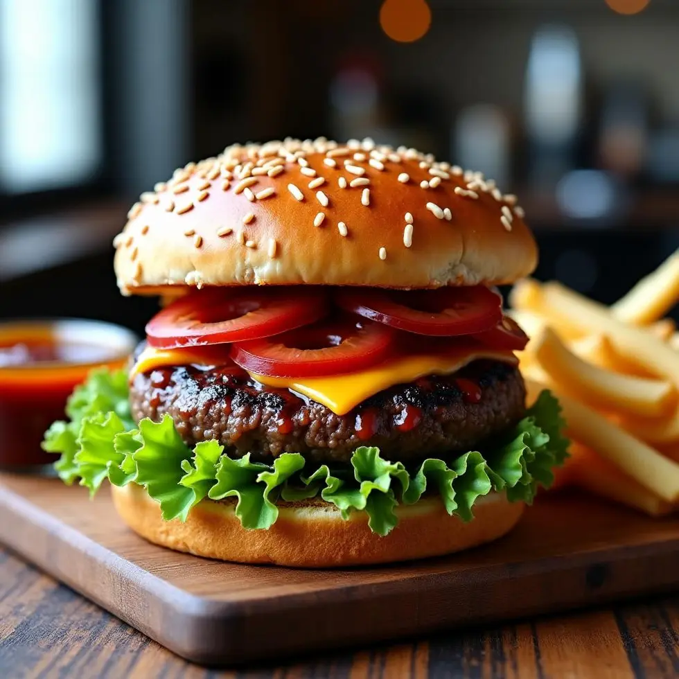 Juicy BBQ hamburger with grilled beef patty, melted cheese, lettuce, tomato, and smoky barbecue sauce