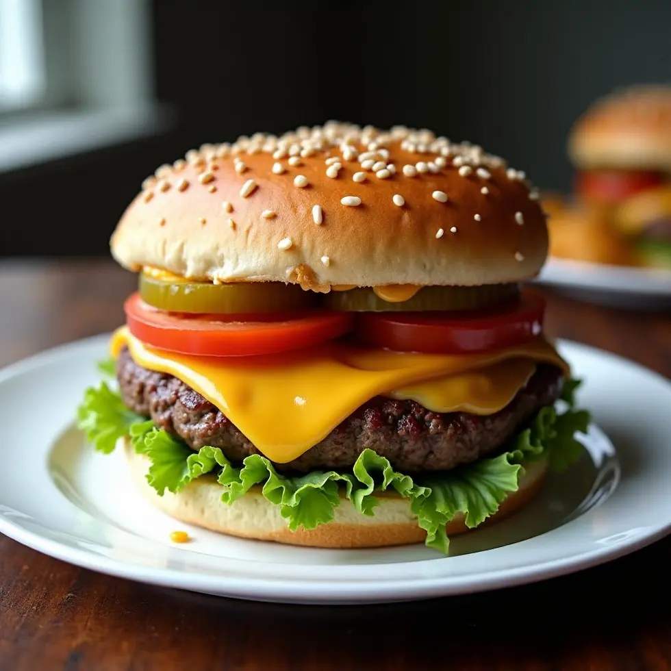 Juicy cheeseburger with melted cheese, lettuce, tomato, and pickles on toasted sesame bun