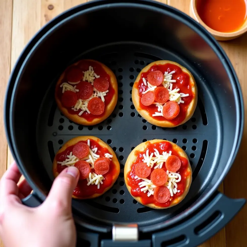 air fryer pizza bagel served on a casual kitchen table