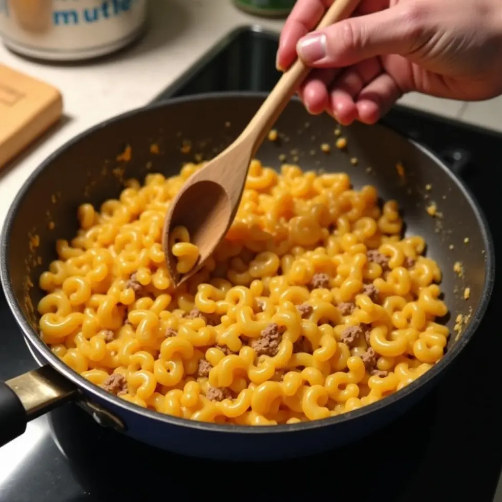 cheeseburger mac and cheese recipe served on a casual kitchen table