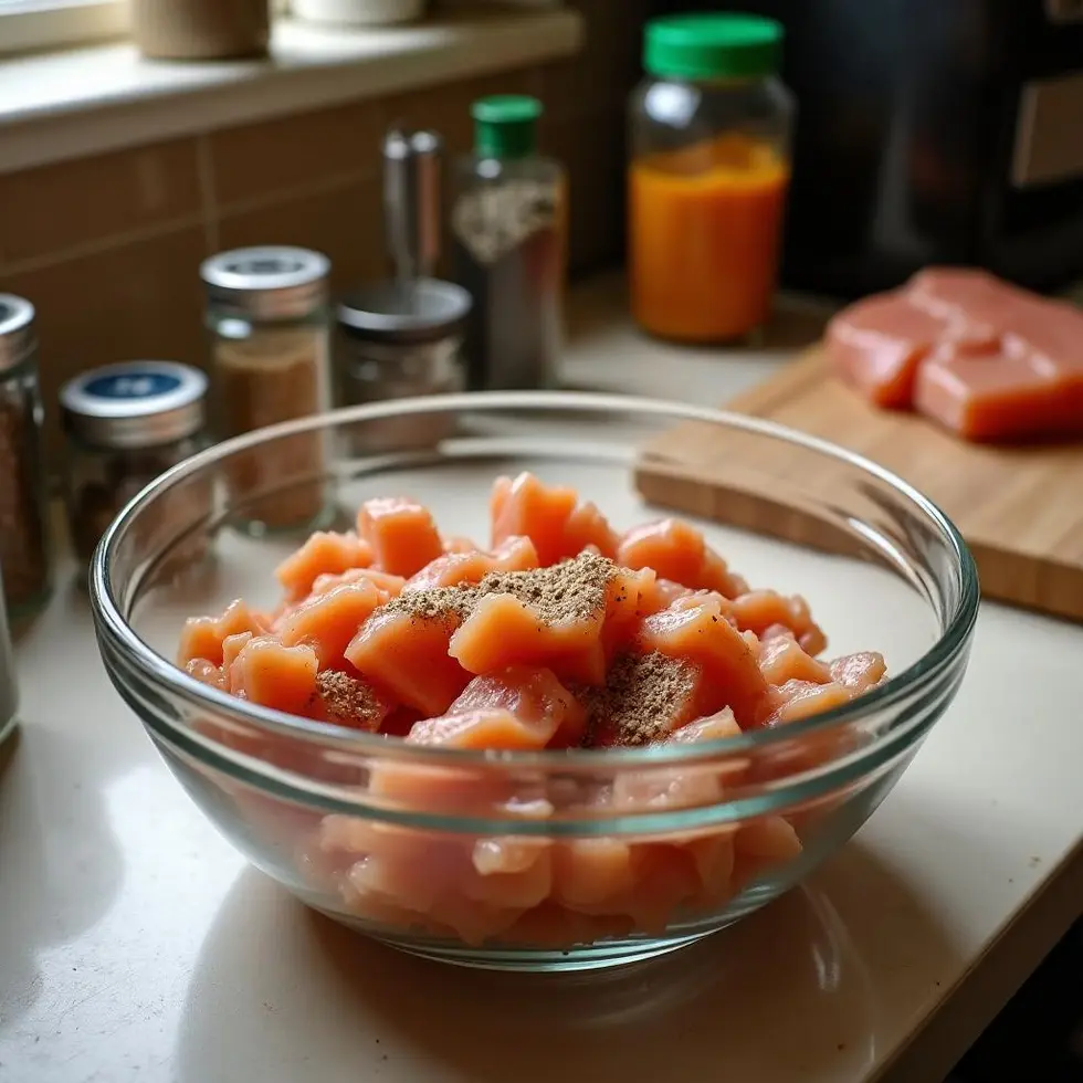 chicken bites in air fryer served on a casual kitchen table