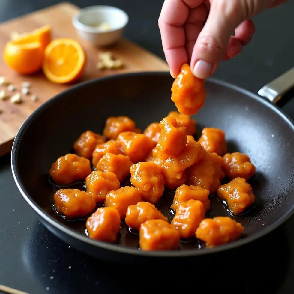 copycat panda express orange chicken served on a casual kitchen table