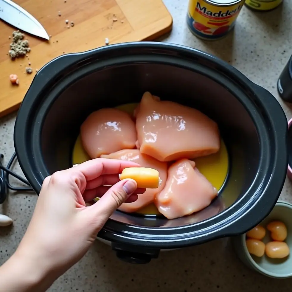 crock pot chicken casserole recipe served on a casual kitchen table