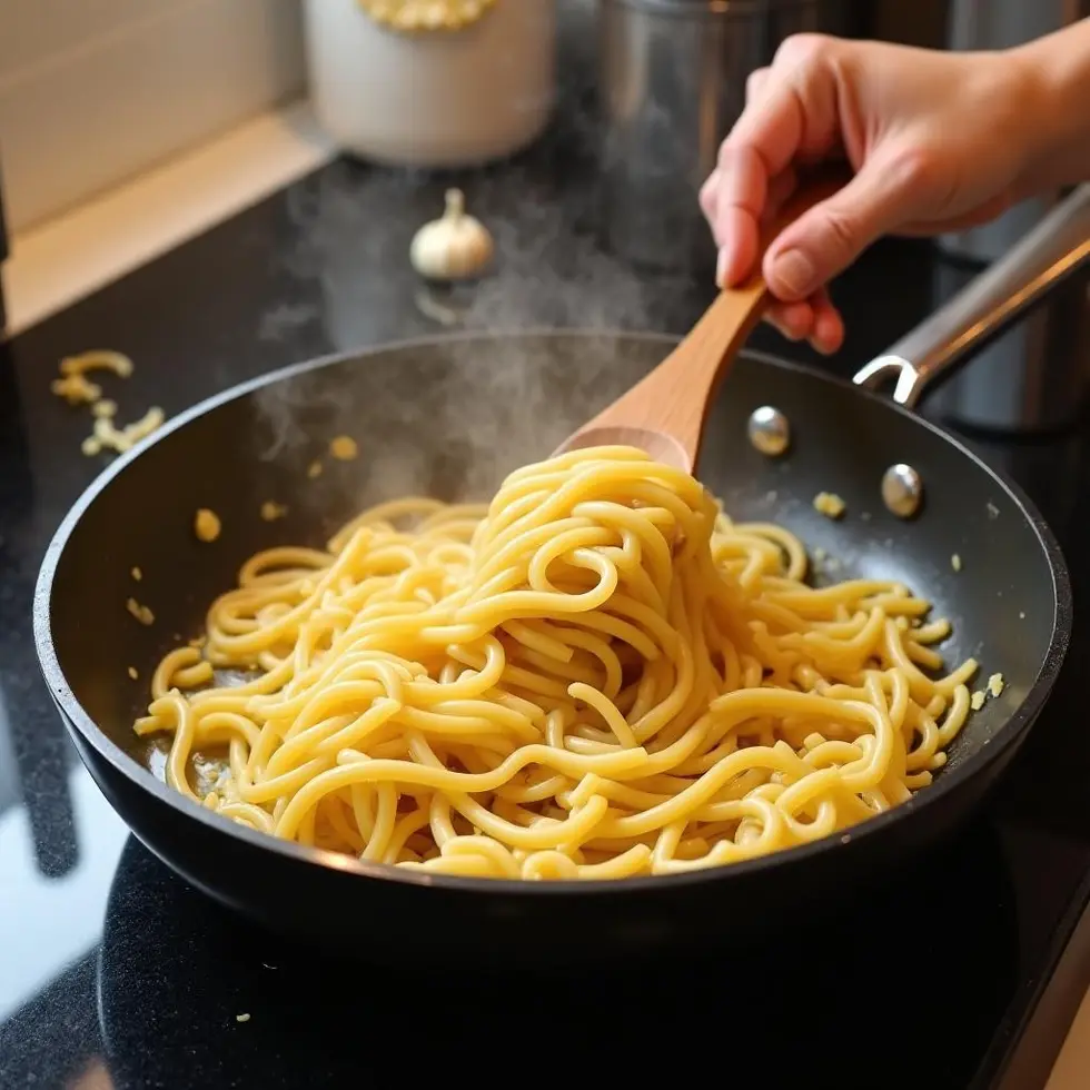 easy garlic pasta recipes served on a casual kitchen table