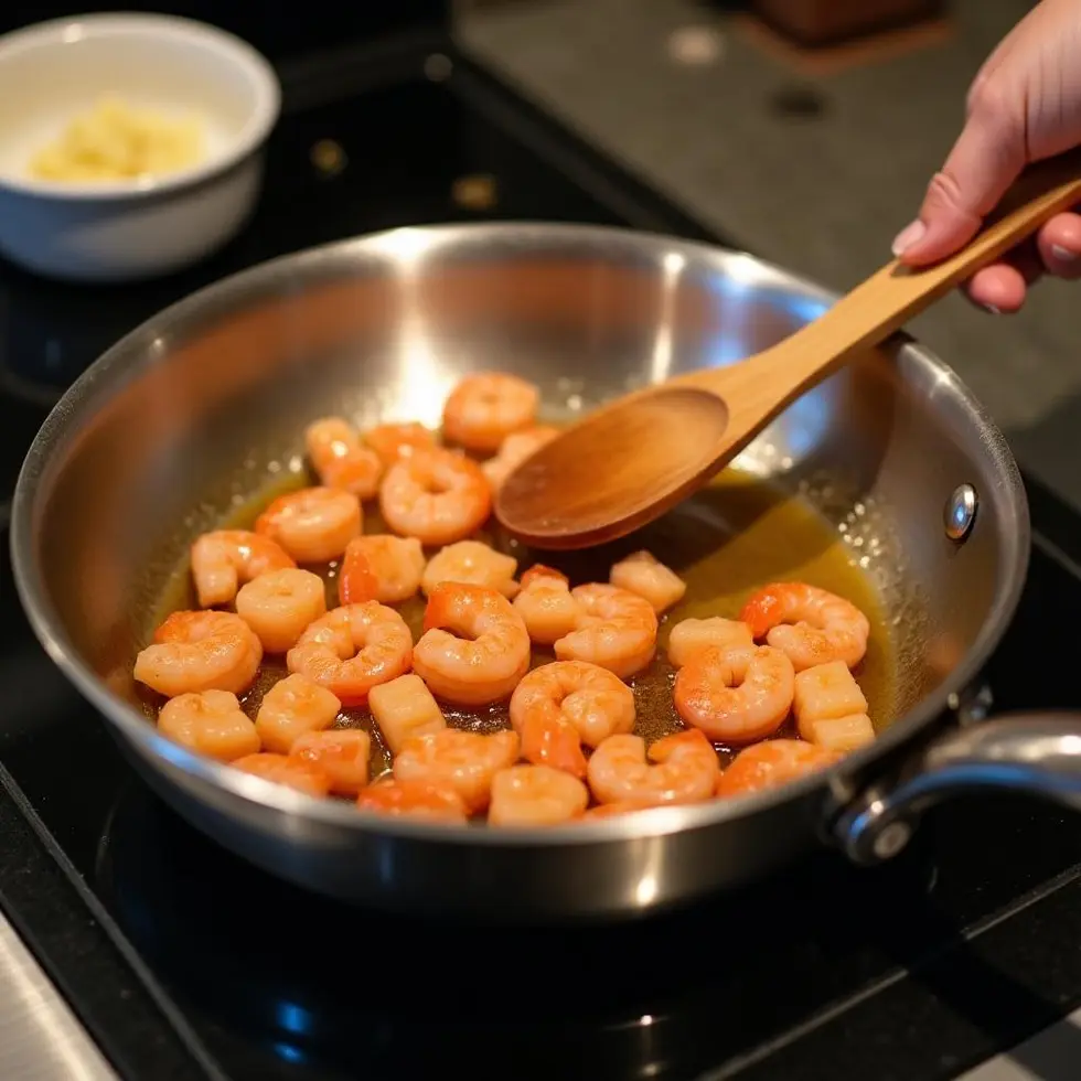 simple shrimp alfredo recipe served on a casual kitchen table