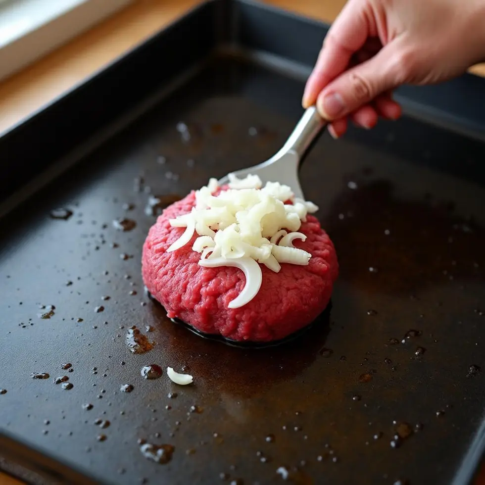 smash burger recipe with onions served on a casual kitchen table