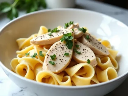 Creamy chicken fettuccine alfredo in white bowl with Parmesan sauce and fresh parsley