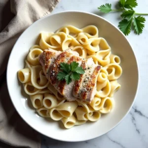 Creamy chicken fettuccine alfredo in a white bowl with grilled chicken and Parmesan